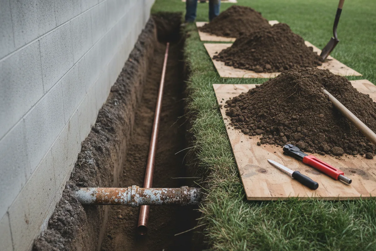 Excavated water line trench during Sewer Line Repair in Buford